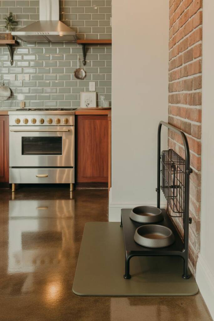 Kitchen scene with white subway tile, stainless range, and reclaimed-wood shelf. A matte-black iron feeder with heavy ceramic
