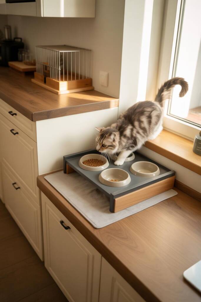 Scandi kitchen with white cabinetry, oak counters, and matte black accents. Wooden elevated feeder with ceramic bowls tucked