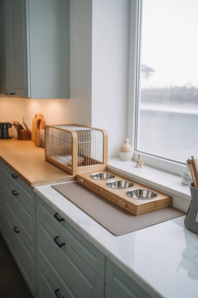 Scandi kitchen with white cabinetry, oak counters, and matte black accents. Wooden elevated feeder with ceramic bowls tucked