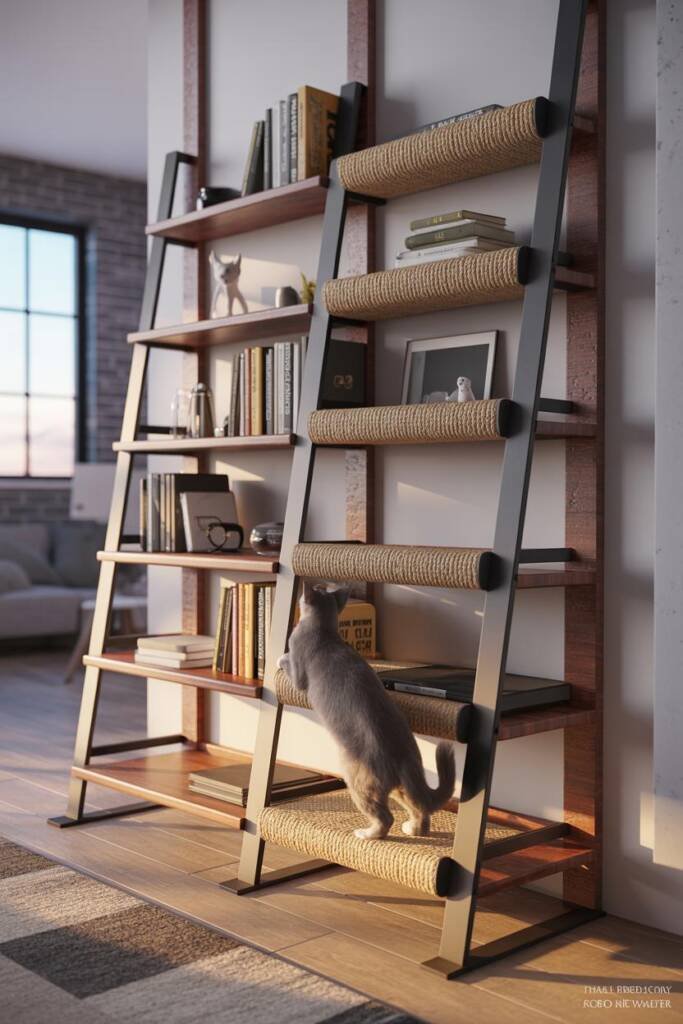Photorealistic vertical 2:3; black metal-and-wood leaning ladder shelf; mid shelves wrapped with neat sisal bands; paperbacks