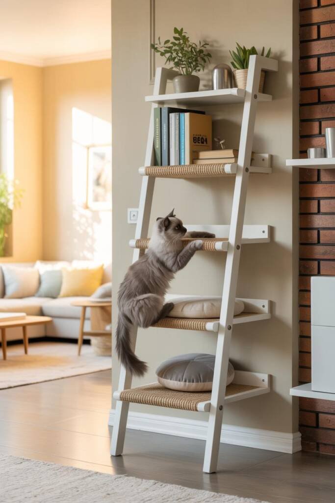 Photorealistic vertical 2:3; black metal-and-wood leaning ladder shelf; mid shelves wrapped with neat sisal bands; paperbacks