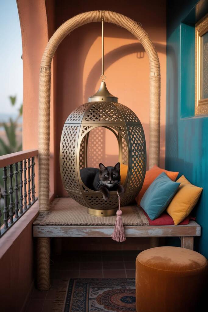 Pinterest vertical (2:3). Lantern-shaped cat pod channeling Moroccan cat lounge cat trees: intricate lattice cutouts in brass