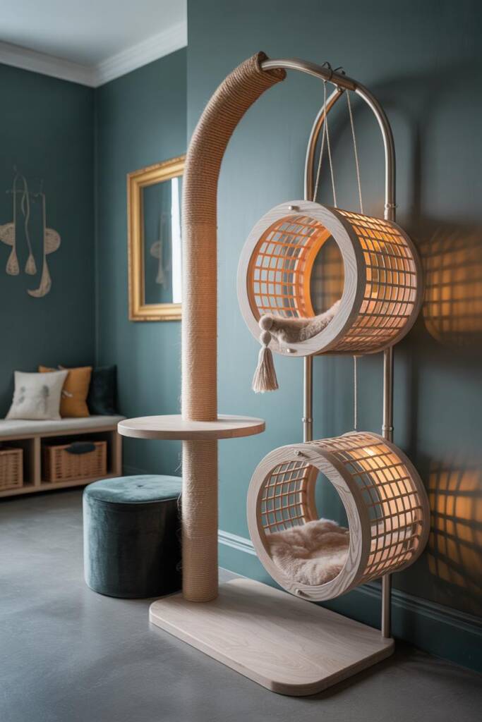 Pinterest vertical (2:3). Lantern-shaped cat pod channeling Moroccan cat lounge cat trees: intricate lattice cutouts in brass