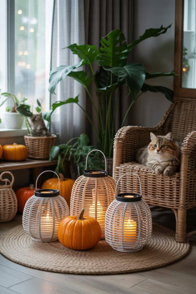 A rustic porch setup with pumpkins placed inside black lanterns, glowing with LED candles, creating a warm pet-safe fall disp