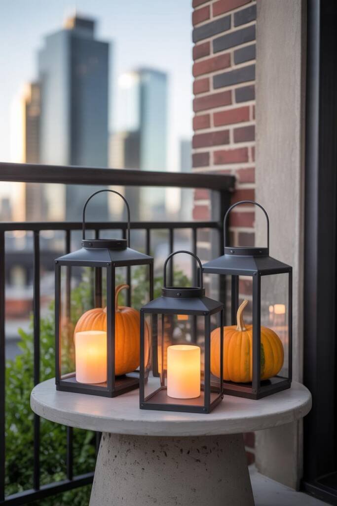 A rustic porch setup with pumpkins placed inside black lanterns, glowing with LED candles, creating a warm pet-safe fall disp