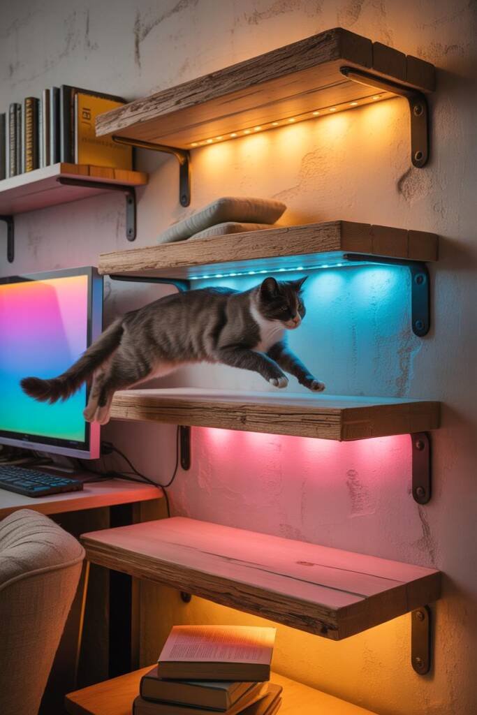 Photorealistic 3:4 shot of staggered wall-mounted cat shelves surrounding a monitor wall; underside LED strips cast vibrant b