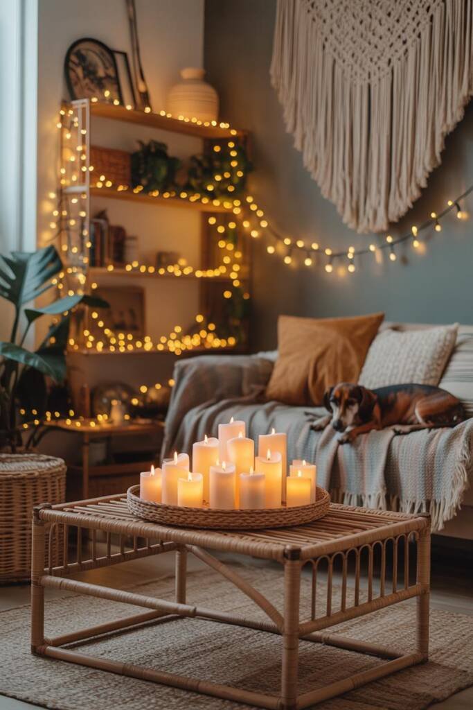 Pinterest vertical 2:3. Ambient evening: cluster of battery-operated LED pillar candles on a coffee table tray, micro-LED fai