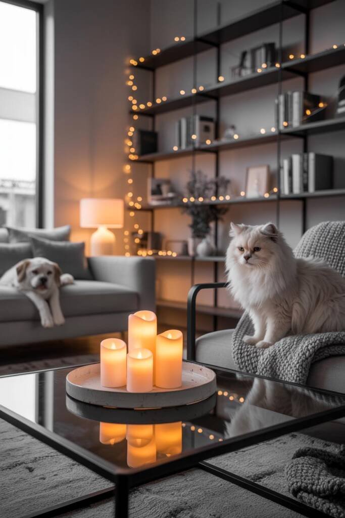 Pinterest vertical 2:3. Ambient evening: cluster of battery-operated LED pillar candles on a coffee table tray, micro-LED fai