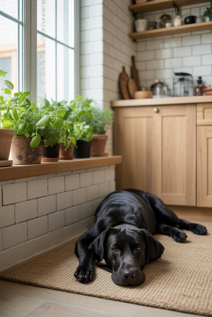 Lemon balm leaves in a pot with a relaxed dog beside it. herbs that are safe lemon balm for pets