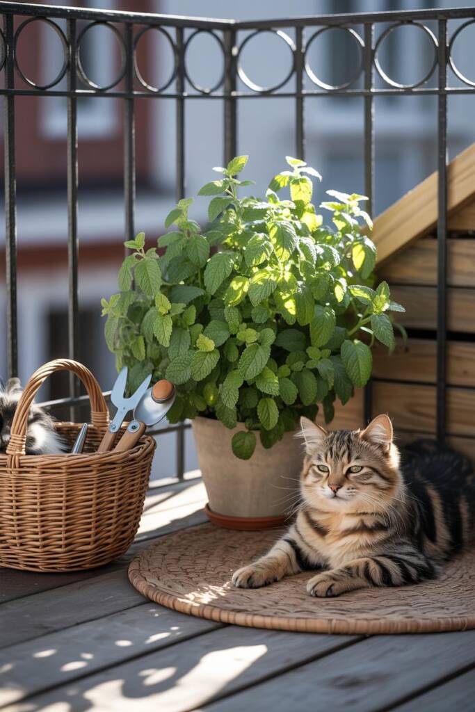 Lemon balm leaves in a pot with a relaxed dog beside it. herbs that are safe lemon balm for pets
