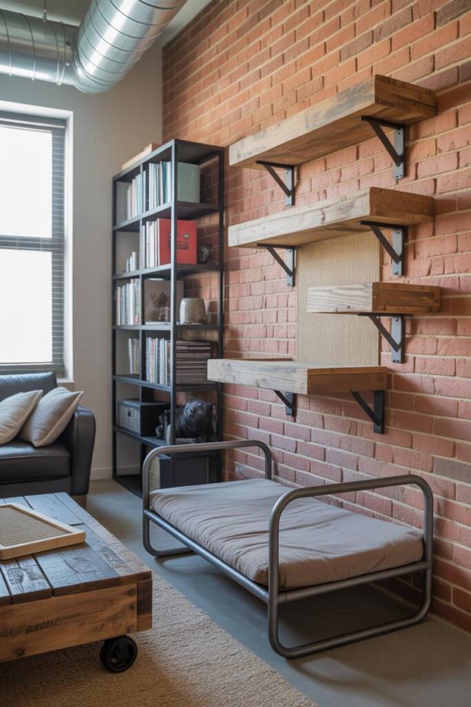 Living room vignette with exposed brick, ductwork, and a black steel bookcase. A raised dog bed with matte-black square tube