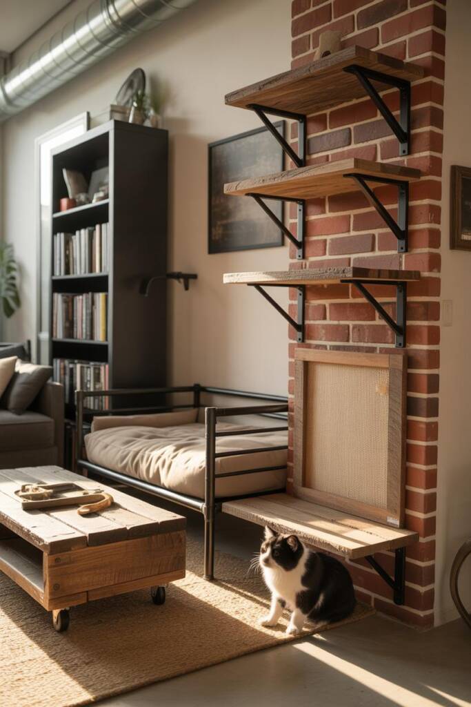 Living room vignette with exposed brick, ductwork, and a black steel bookcase. A raised dog bed with matte-black square tube