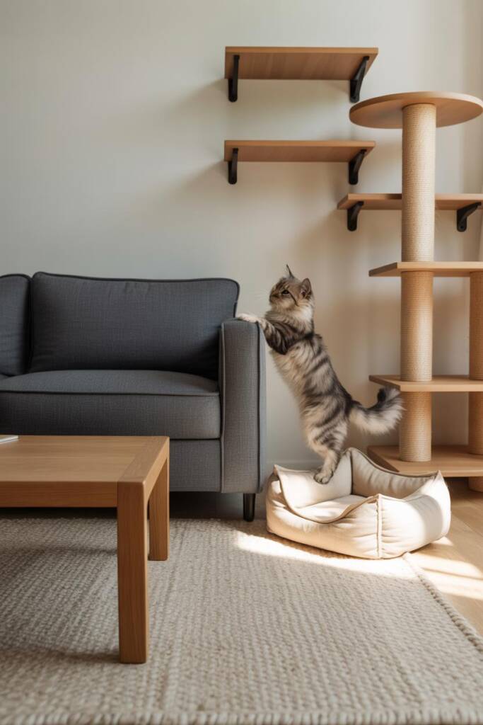 Scandinavian living room with gray linen sofa, oak coffee table, wool rug. Cream linen dog bed tucked beside sofa, birch cat