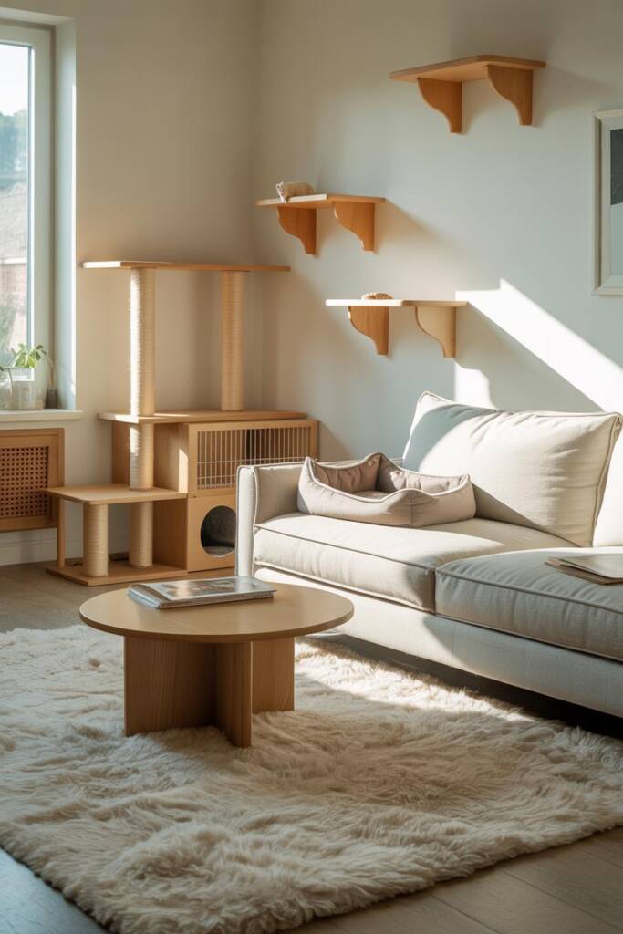 Scandinavian living room with gray linen sofa, oak coffee table, wool rug. Cream linen dog bed tucked beside sofa, birch cat