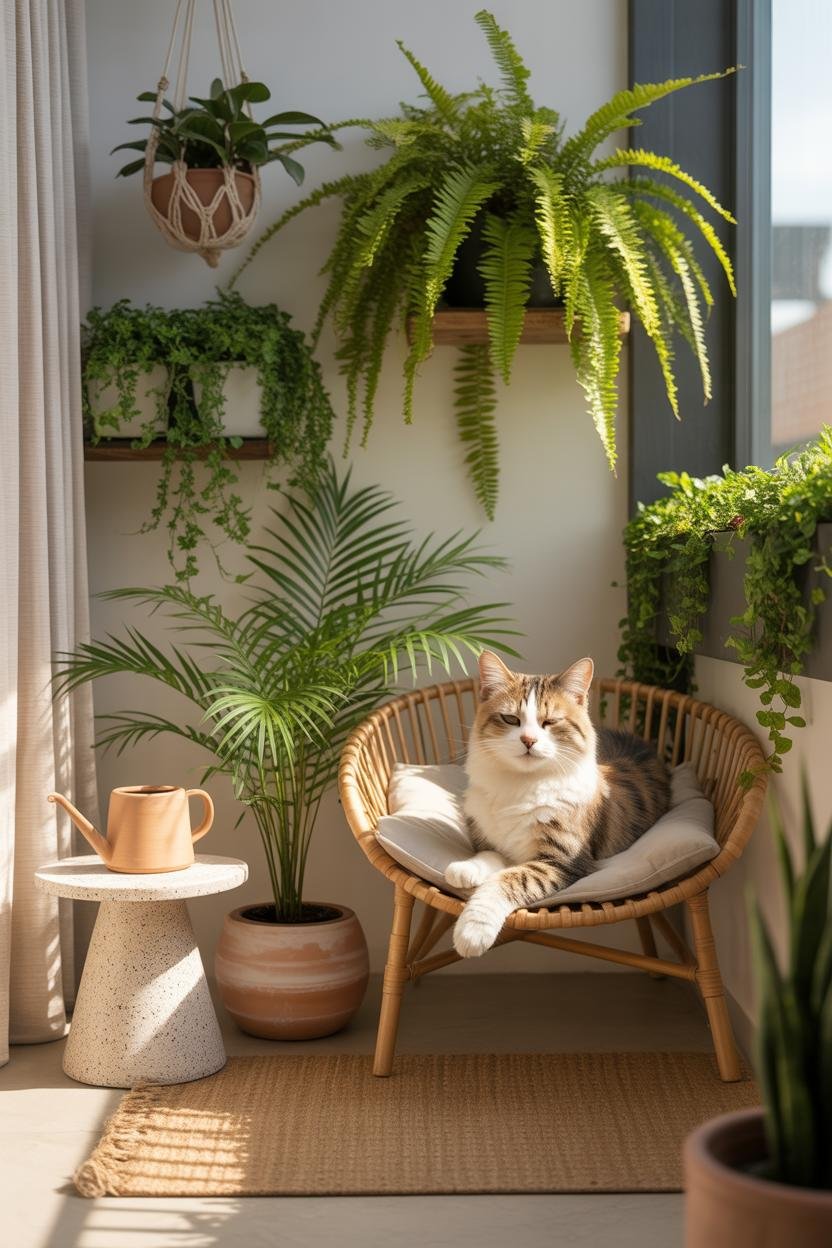 An airy corner layered with pet-safe plants: Boston ferns in hanging clay planters, spider plants on a wall shelf, and a parl