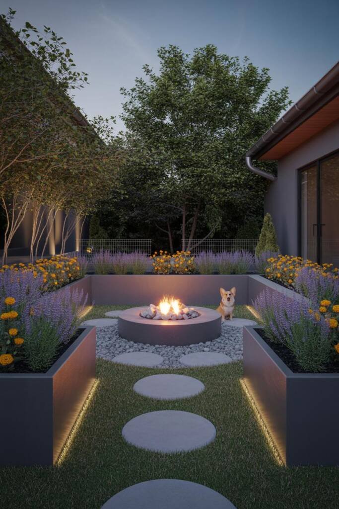 Vertical 2:3, circular fire pit centered; ring of large planters as a low boundary with pet-safe lavender and marigolds, smal