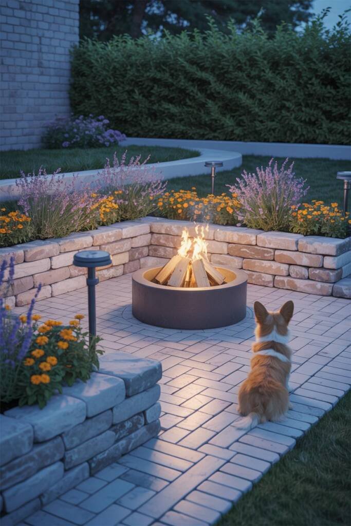 Vertical 2:3, circular fire pit centered; ring of large planters as a low boundary with pet-safe lavender and marigolds, smal