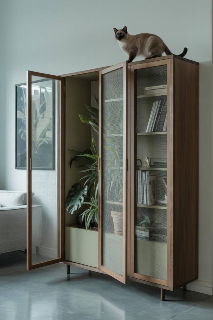 Vertical 2:3 bookcase retrofitted with magnetic insect-screen panels as doors; plants inside, mesh closed; interior painted s