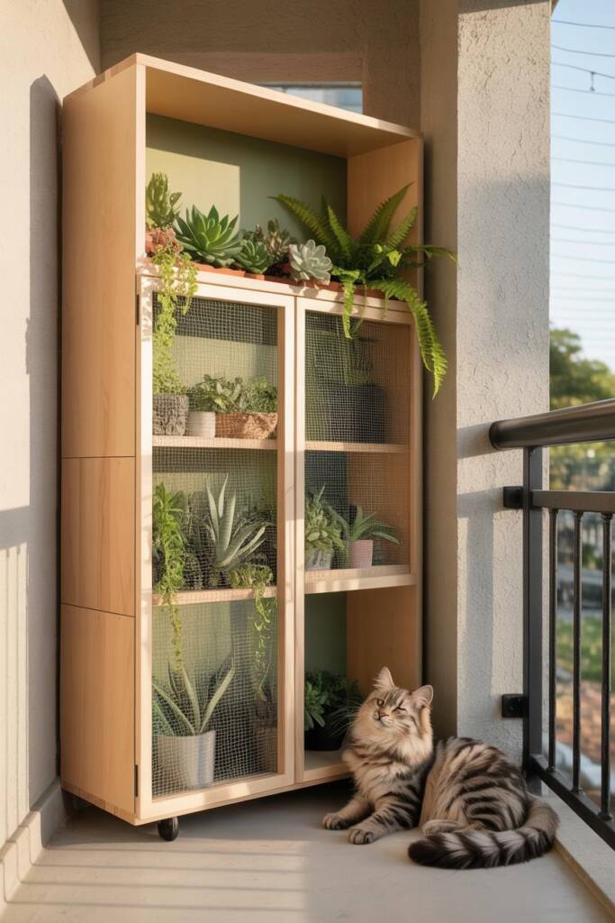 Vertical 2:3 bookcase retrofitted with magnetic insect-screen panels as doors; plants inside, mesh closed; interior painted s