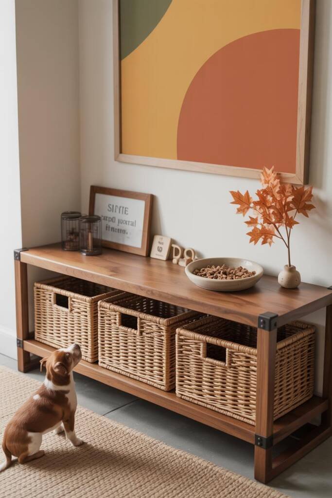 Pinterest vertical 1000x1500; slim console with warm honey-toned lidded woven bins underneath; stoneware tray holding treats/