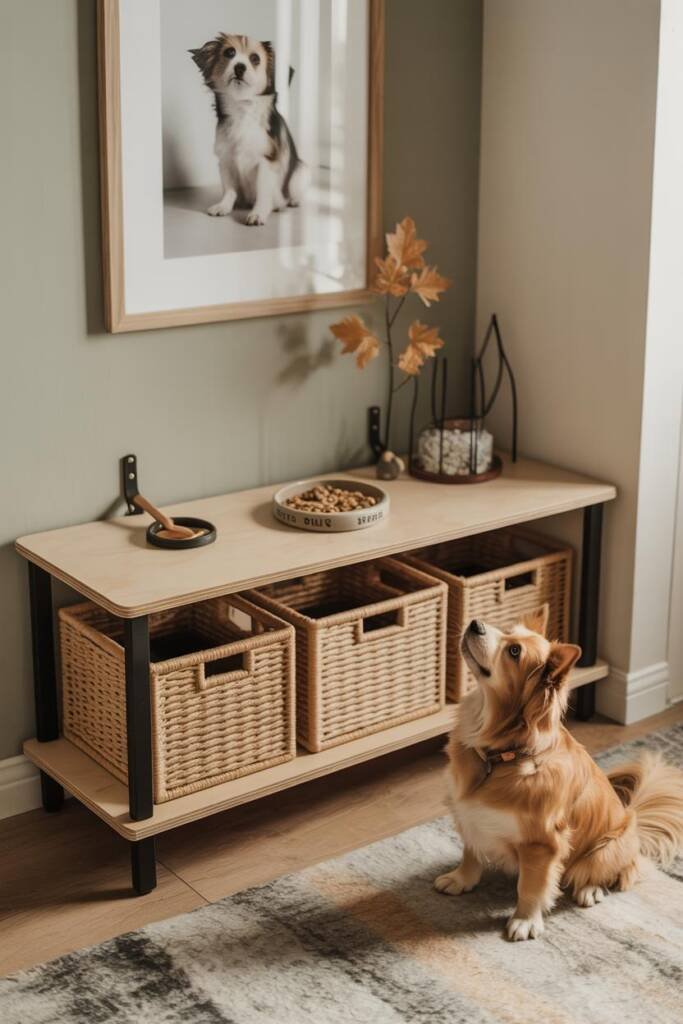 Pinterest vertical 1000x1500; slim console with warm honey-toned lidded woven bins underneath; stoneware tray holding treats/