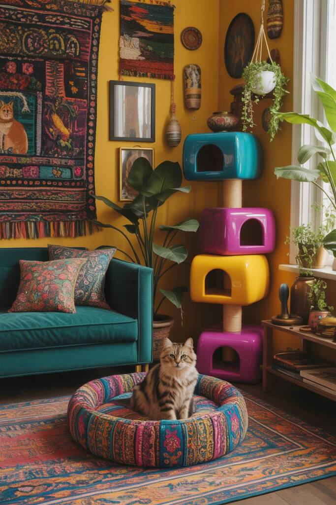 Wide shot of a vibrant maximalist living space: gallery wall of mixed art, layered Persian and geometric rugs, jewel-tone vel