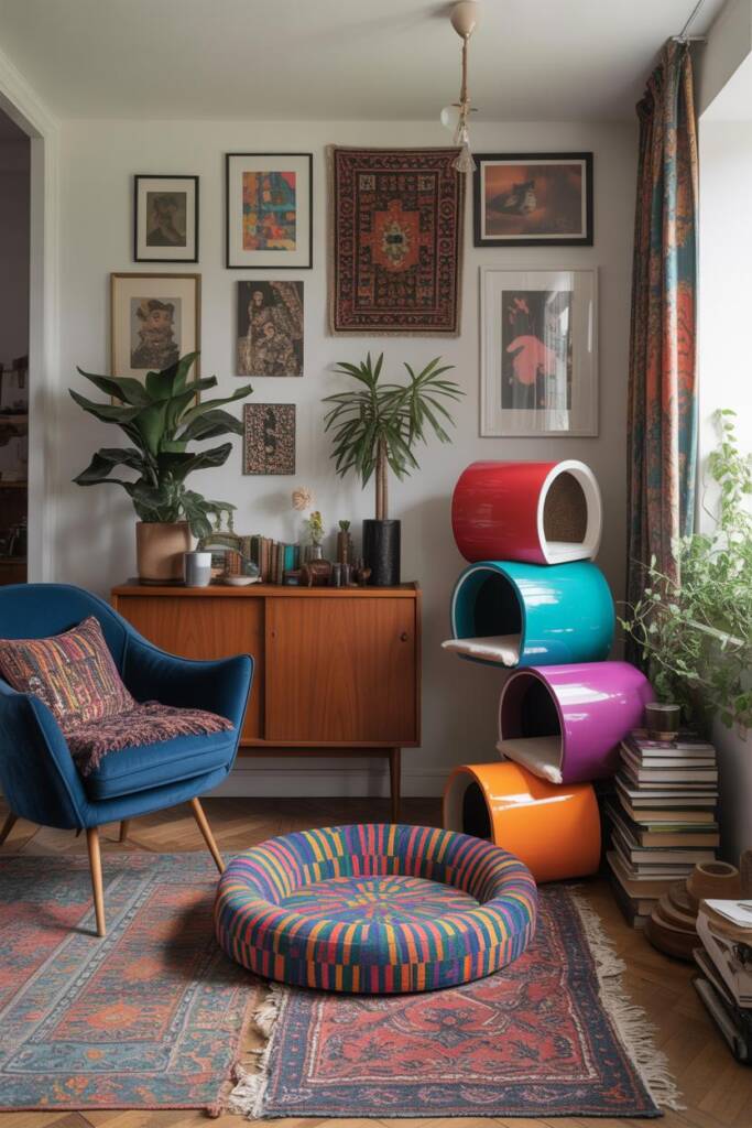 Wide shot of a vibrant maximalist living space: gallery wall of mixed art, layered Persian and geometric rugs, jewel-tone vel