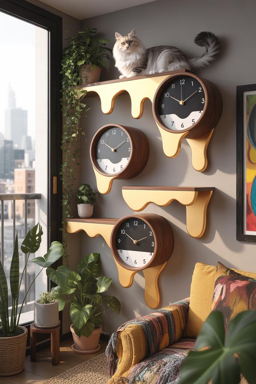 Wall-mounted cat shelves shaped like Dalí’s melting clocks; soft golden edges bend downward as if dripping, yet reinforced fo