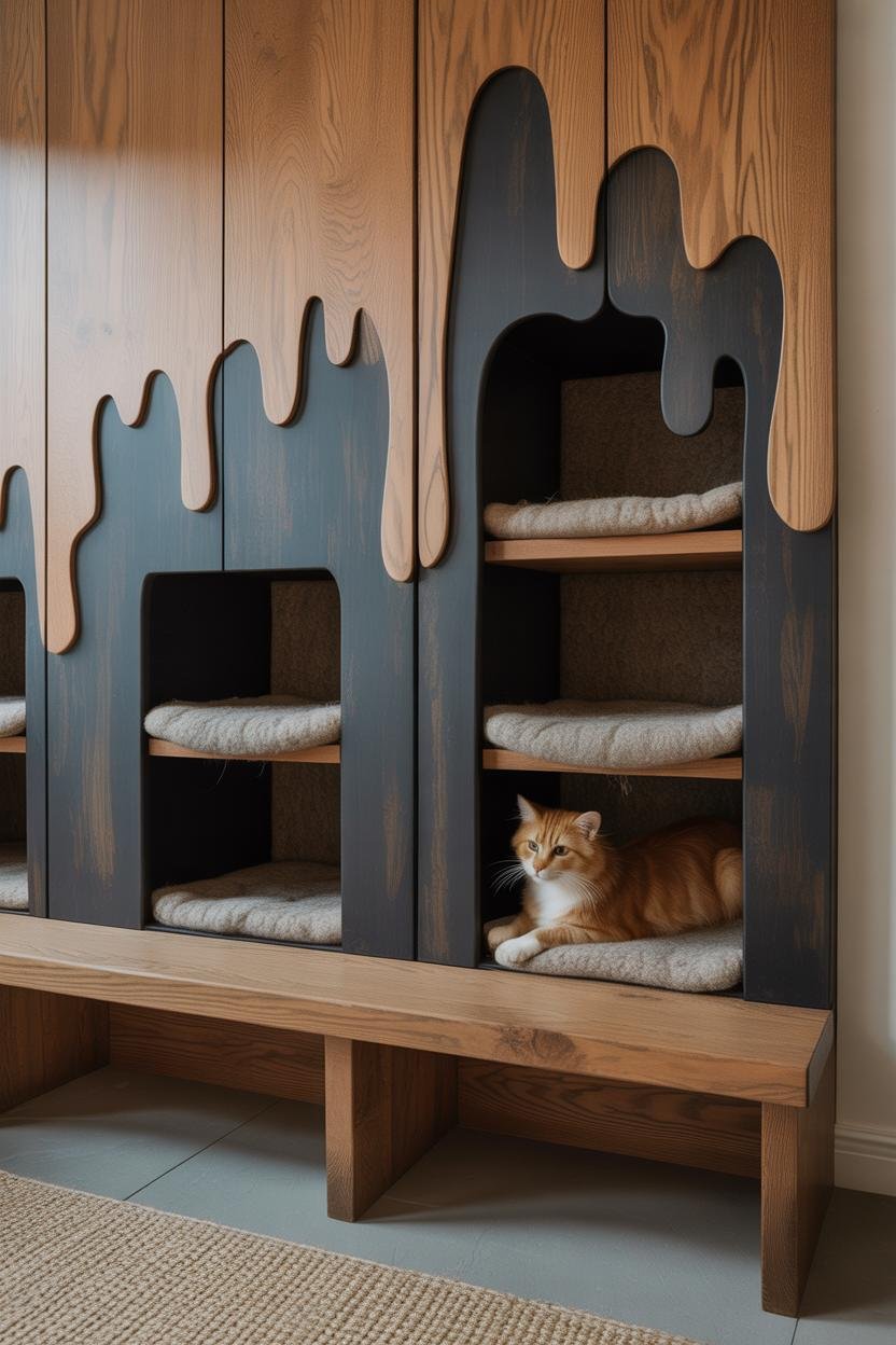 Wall panel designed as dripping, melting paint or clock surface; behind it hidden padded cubbies open for pets; surreal shape