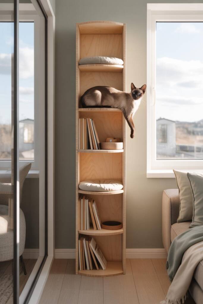 Photorealistic vertical 2:3; narrow floor-to-ceiling shelving tower in matte oak; alternating shelves: neatly arranged books