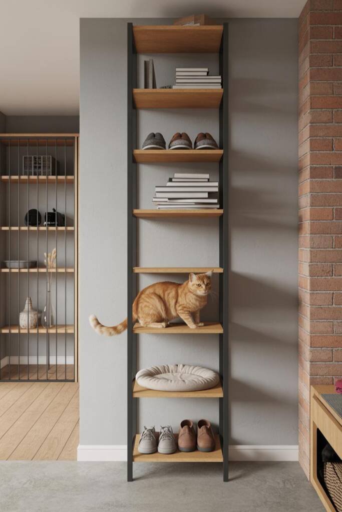 Photorealistic vertical 2:3; narrow floor-to-ceiling shelving tower in matte oak; alternating shelves: neatly arranged books