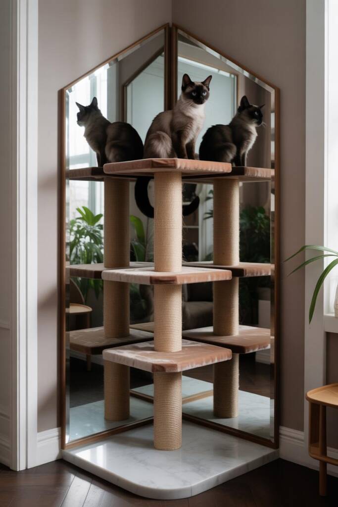 Pinterest vertical (2:3). Triangular corner cat tower with two angled mirror panels meeting at 90°, bouncing window light; st