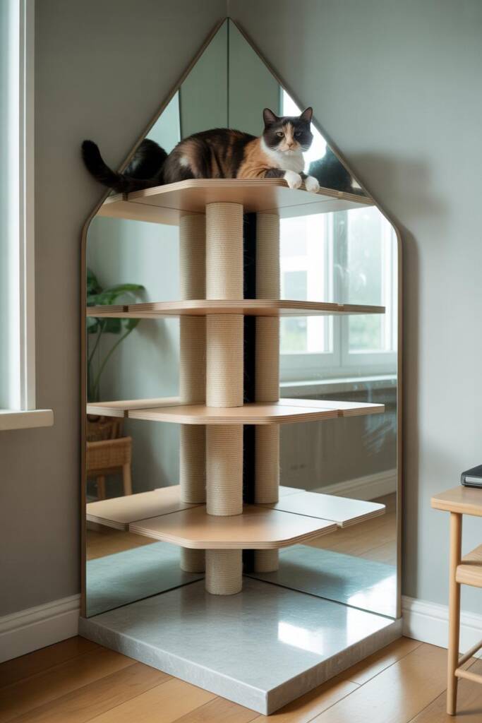 Pinterest vertical (2:3). Triangular corner cat tower with two angled mirror panels meeting at 90°, bouncing window light; st