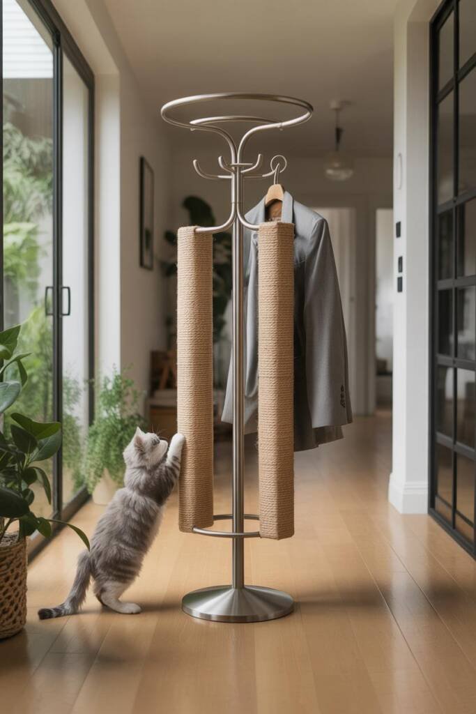 Vertical 2:3 image of a matte steel coat rack with cylindrical arms wrapped in removable sisal sleeves; tailored coat hanging