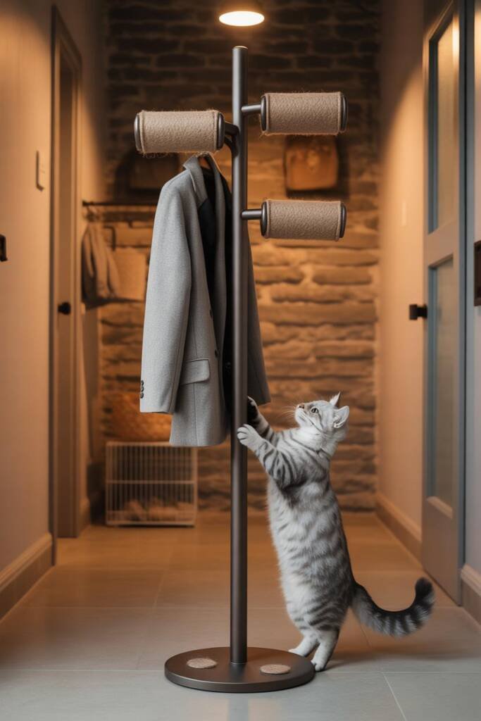 Vertical 2:3 image of a matte steel coat rack with cylindrical arms wrapped in removable sisal sleeves; tailored coat hanging