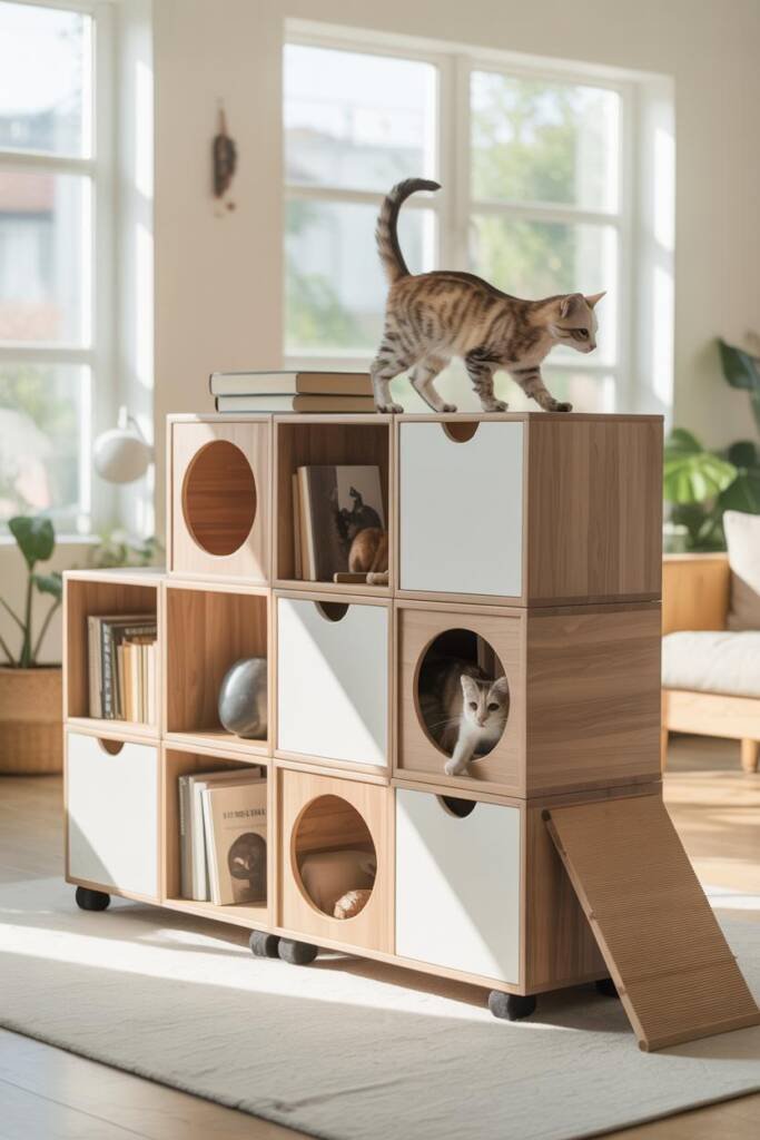 Photorealistic vertical 2:3; modular cube system in mixed wood and white finishes; some cubes filled with books, others open