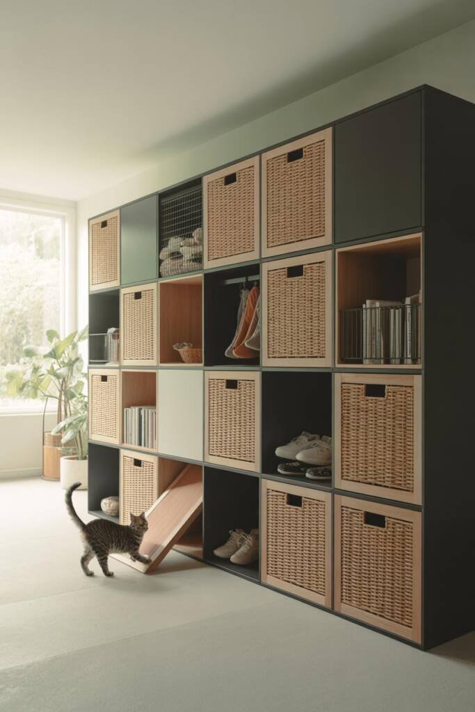 Photorealistic vertical 2:3; modular cube system in mixed wood and white finishes; some cubes filled with books, others open