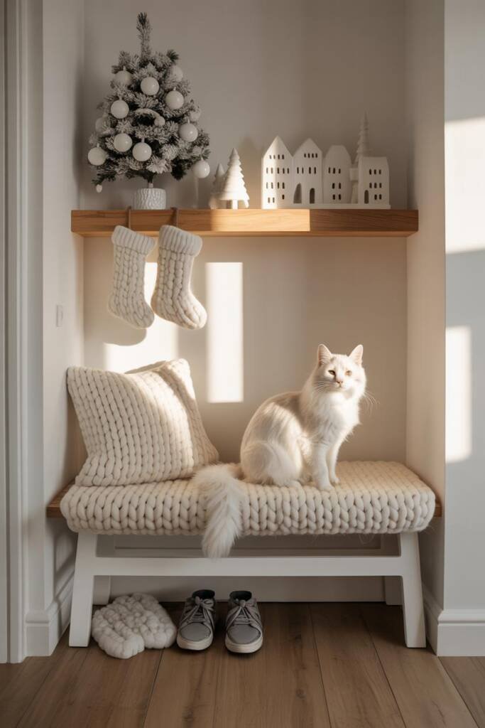 Pinterest vertical 2:3. All-white/cream palette: flocked tree with matte white ornaments, chunky knit stockings, ceramic vill