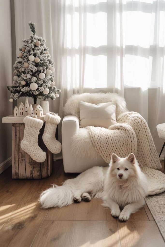 Pinterest vertical 2:3. All-white/cream palette: flocked tree with matte white ornaments, chunky knit stockings, ceramic vill