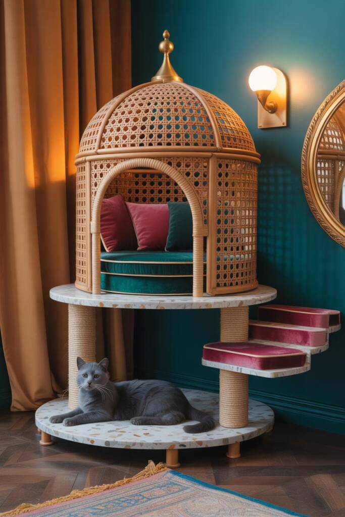 Pinterest vertical (2:3). Opulent design in the spirit of Moroccan cat lounge cat trees: domed hideout with finial, velvet cu