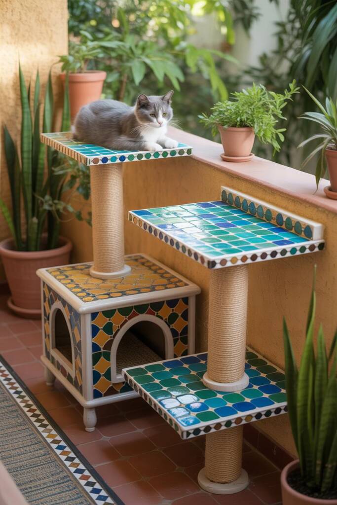 Pinterest vertical (2:3). Multi-level tower echoing Moroccan cat lounge cat trees: glazed zellige-style tile platforms (cobal