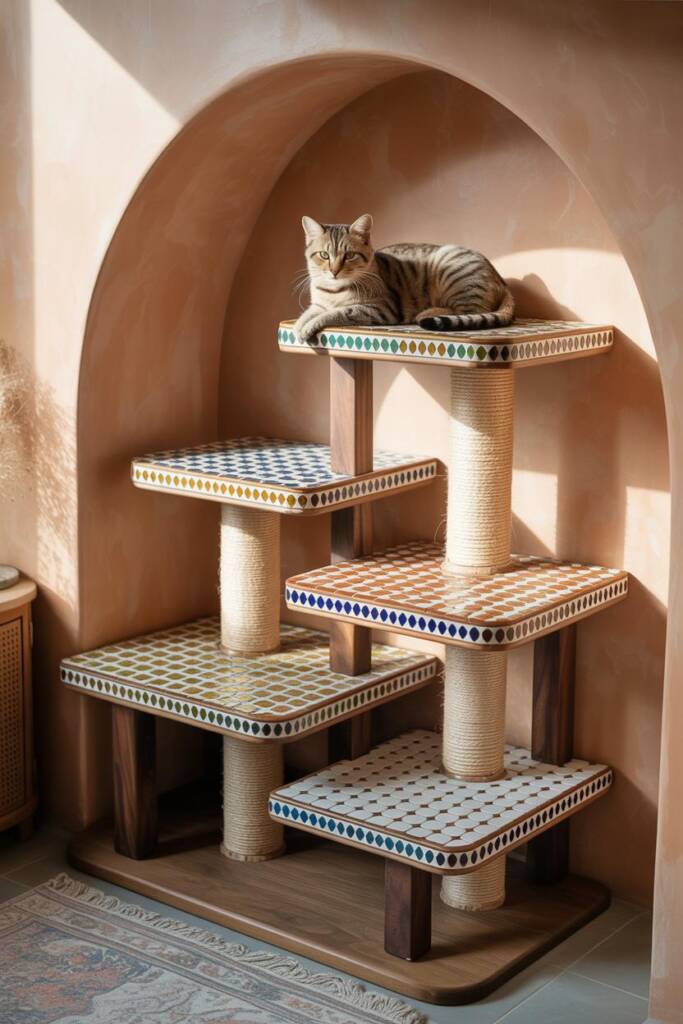 Pinterest vertical (2:3). Multi-level tower echoing Moroccan cat lounge cat trees: glazed zellige-style tile platforms (cobal