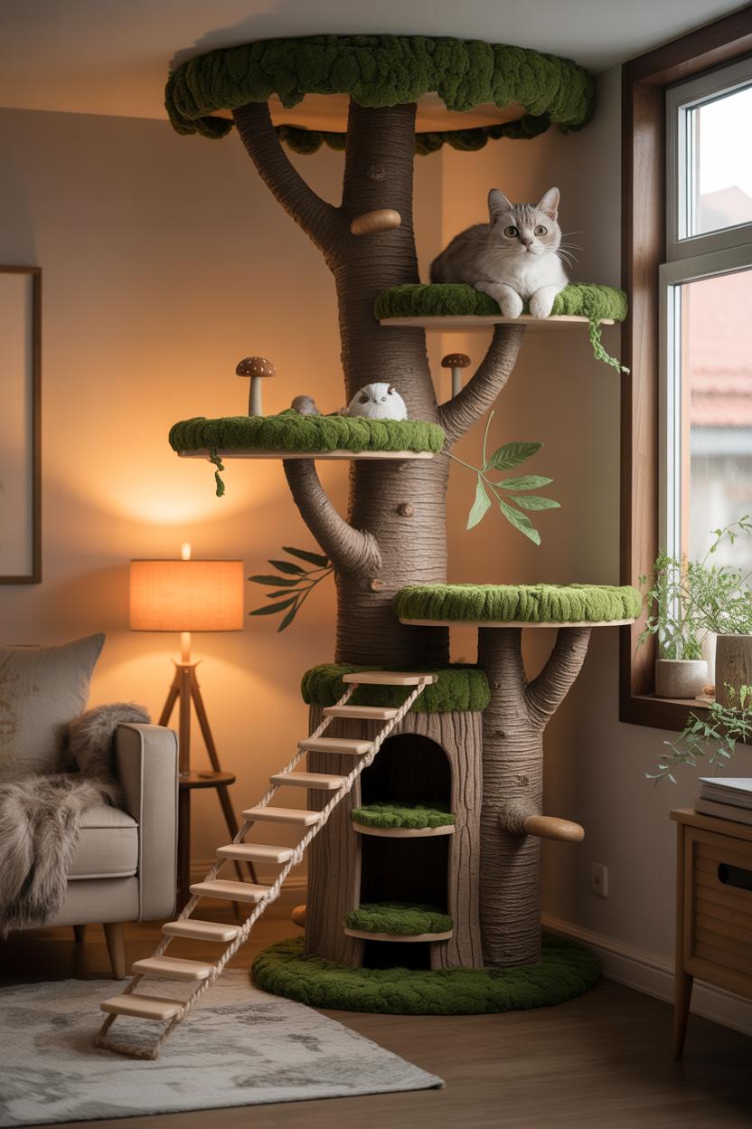 Photoreal living room corner styled as a forest loft cat tree: gnarled faux-wood trunk with natural bark texture, platforms w