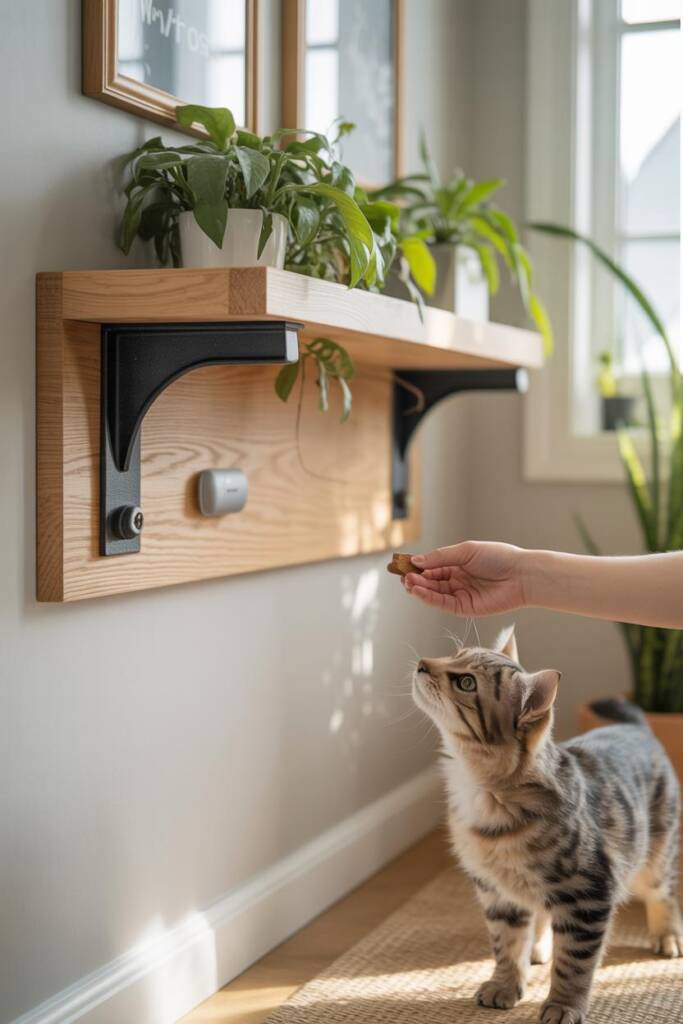 Vertical 2:3 scene of a sleek plant shelf with a small motion air-puff device discreetly placed; pet pauses mid-approach; own