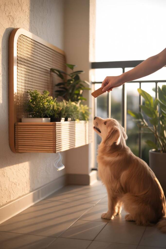 Vertical 2:3 scene of a sleek plant shelf with a small motion air-puff device discreetly placed; pet pauses mid-approach; own