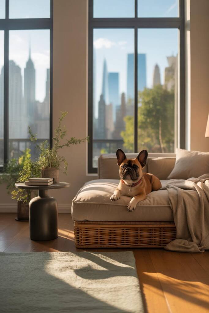 Iconic NYC morning: dog on leash near Bethesda Terrace, soft sun through arches, skyline peeking beyond trees; owner with chi