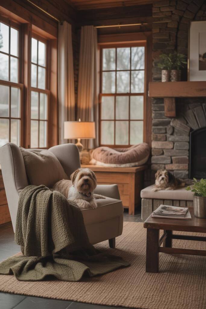 Cozy terrier curled on plaid blanket in rustic Catskills cabin window seat; inset of stylish NYC hotel lobby with chic dog be