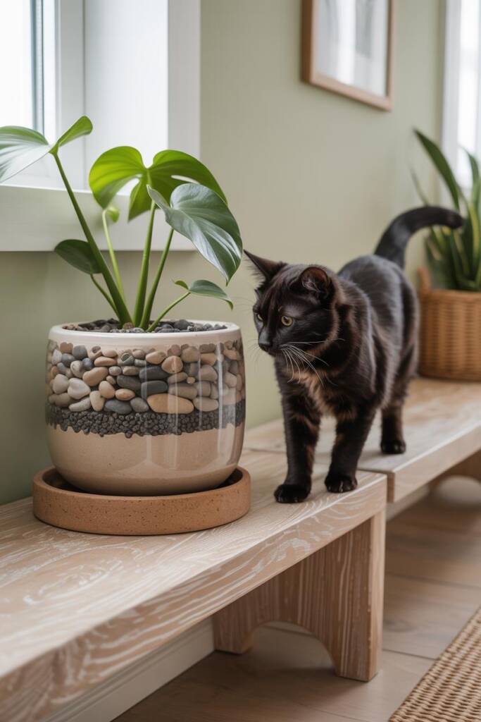Vertical 2:3 close-up of a ceramic planter with a 1–2 inch layer of smooth river stones and lava rock covering the soil; leaf