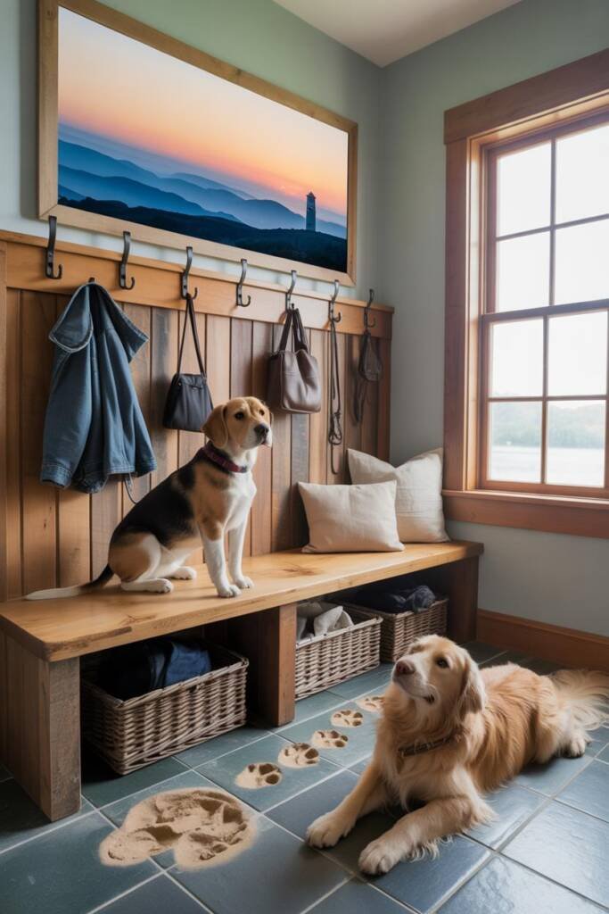 Beagle standing at Blue Ridge Parkway overlook at sunrise; layered blue mountains fading into horizon; inset of OBX lighthous