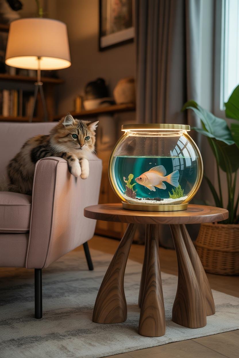 Side table with clear central fishbowl framed by surreal sculptural legs resembling lobster claws; gold-toned edges warped sl